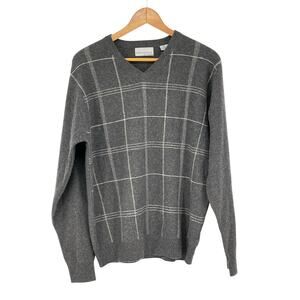 American Blue Gray Window Pane Plaid 100% Cashmere Sweater Men’s Size M Cozy